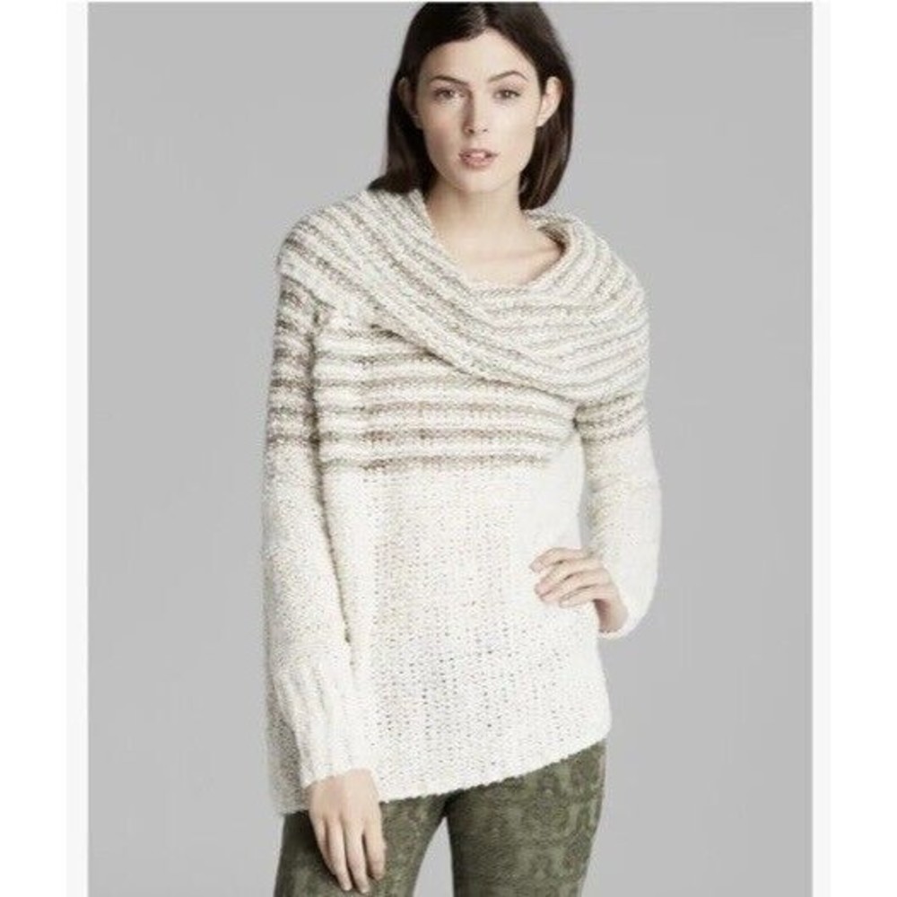 Free People Engineer Stripe Cowl Neck Sweater Natural Size S Open Knit Oversize